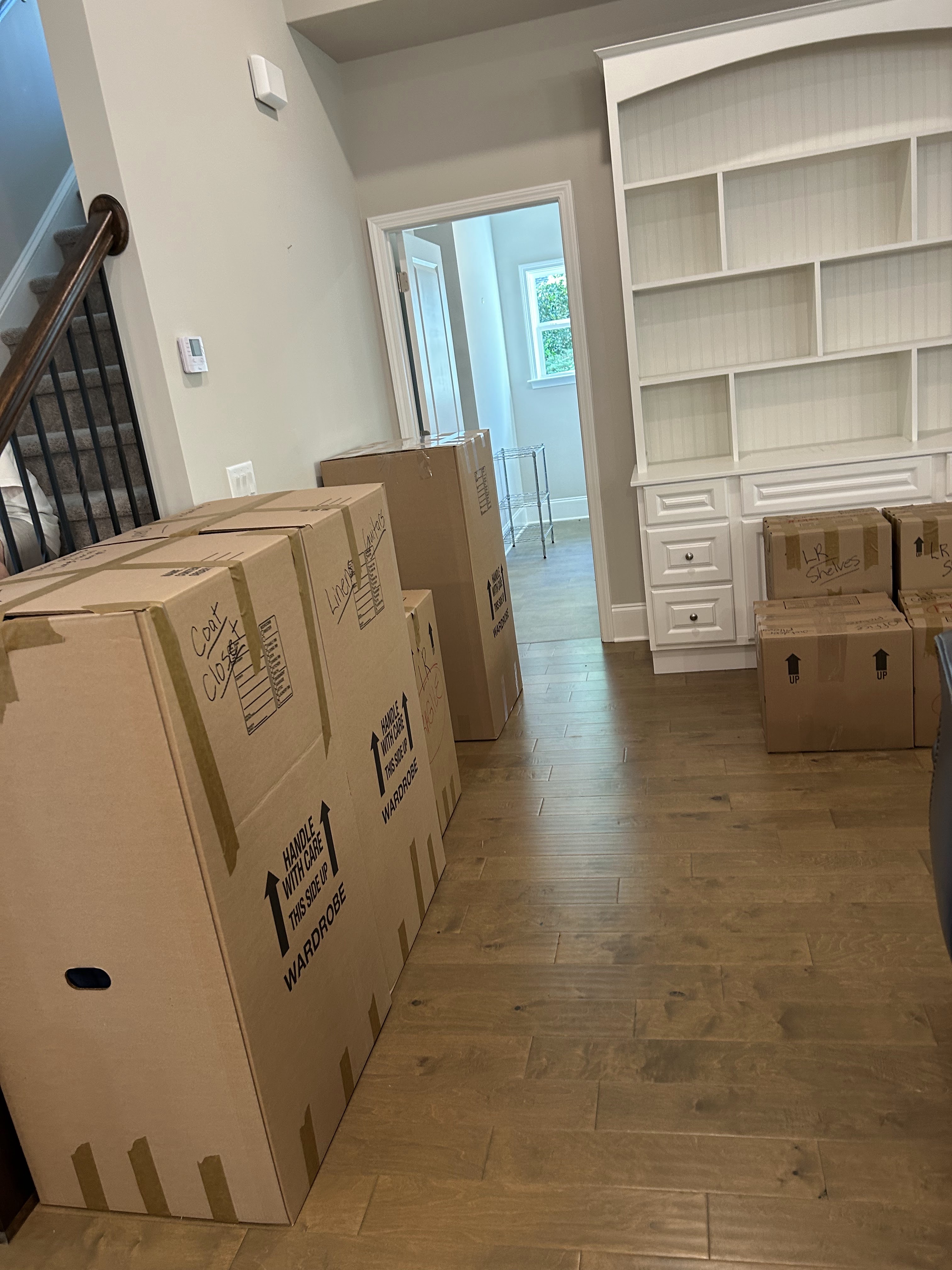 Packed and labeled moving boxes